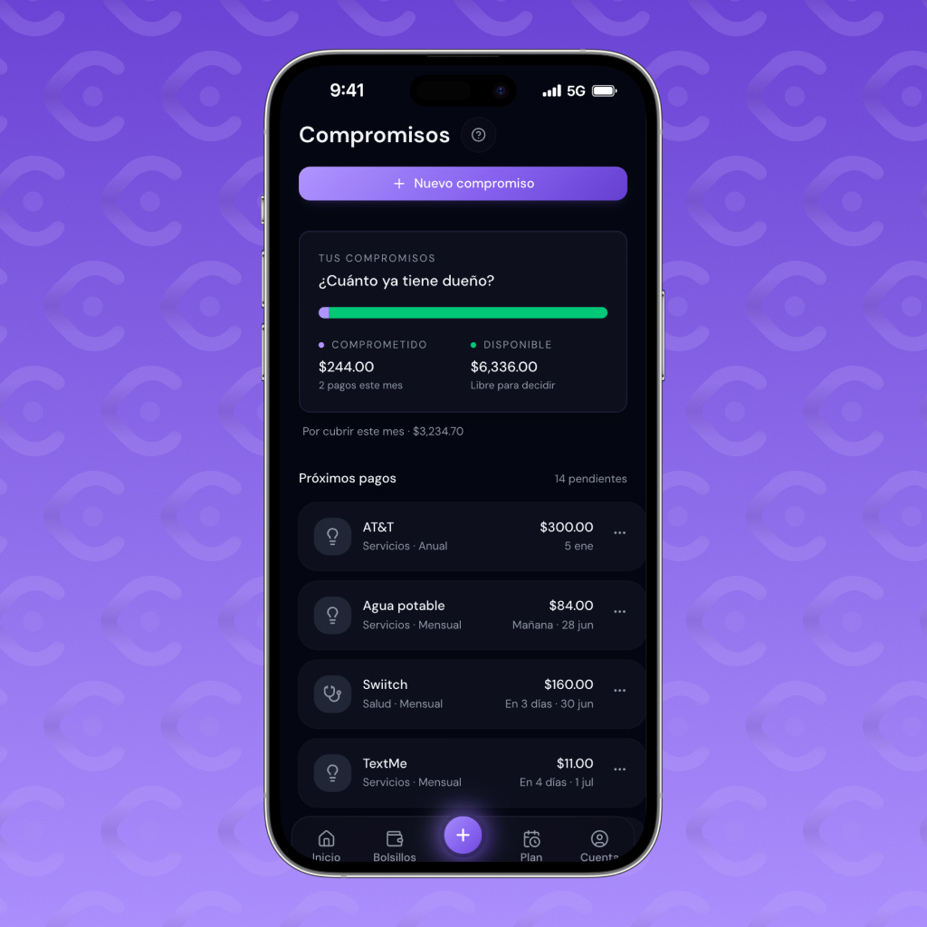 Pantalla de Compromisos en la app Cheles