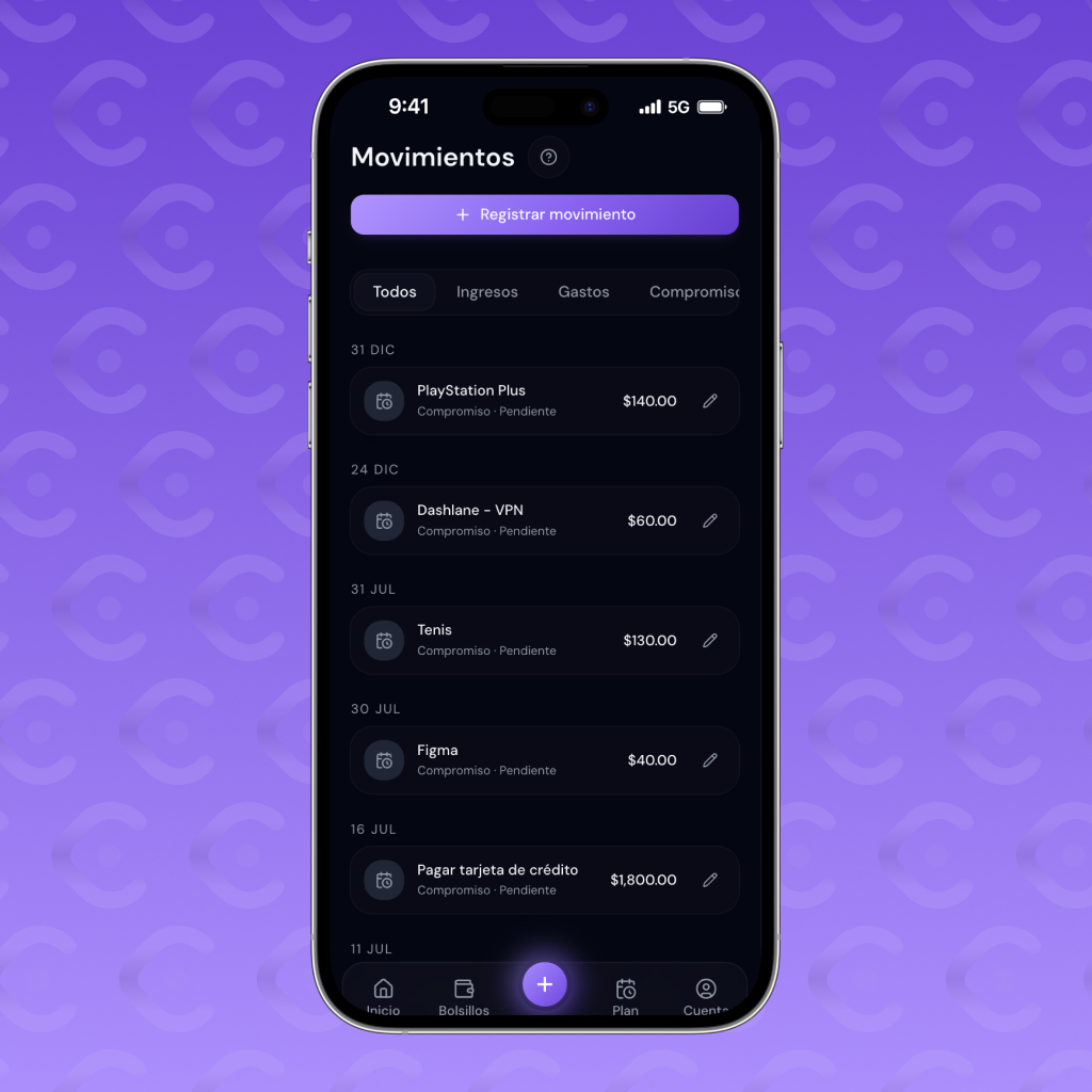 Pantalla de Movimientos en la app Cheles